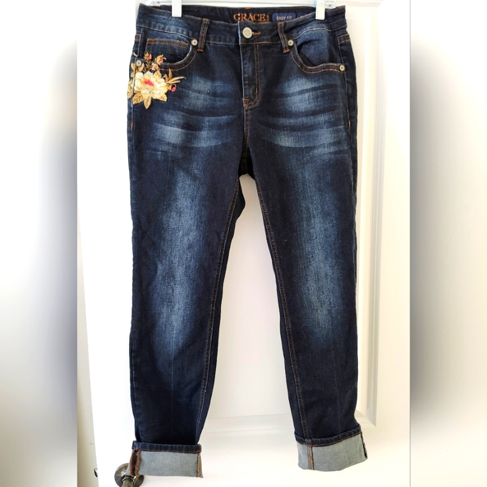 Grace in LA Blue Straight Leg Jeans with Decorative Embroidery